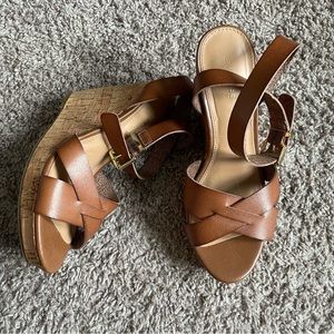 Express cognac cork wedge heels size 8